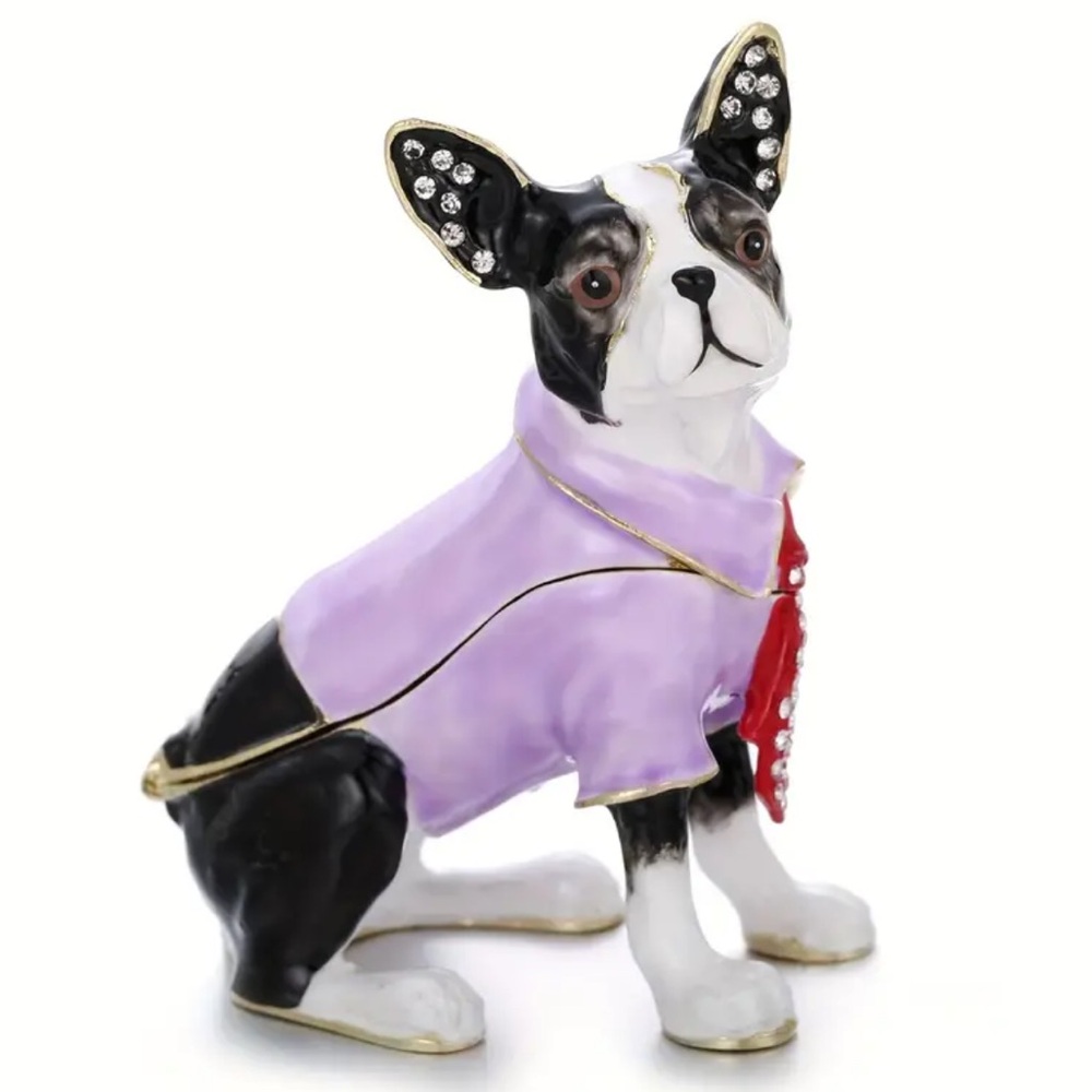 Elegant Black and White Dog TCHOTCHKE trinket box with Purple Coat NWT